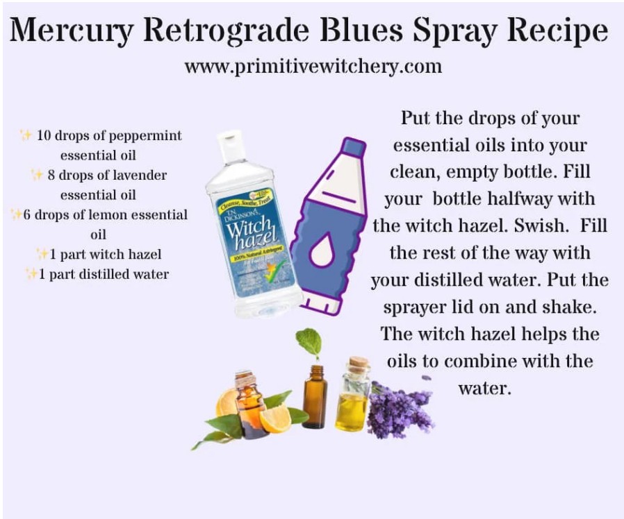 Mercury Retrograde Blues Spray Recipe — peppermint, lavender, and lemon essential oils with witch hazel and distilled water by Primitive Witchery